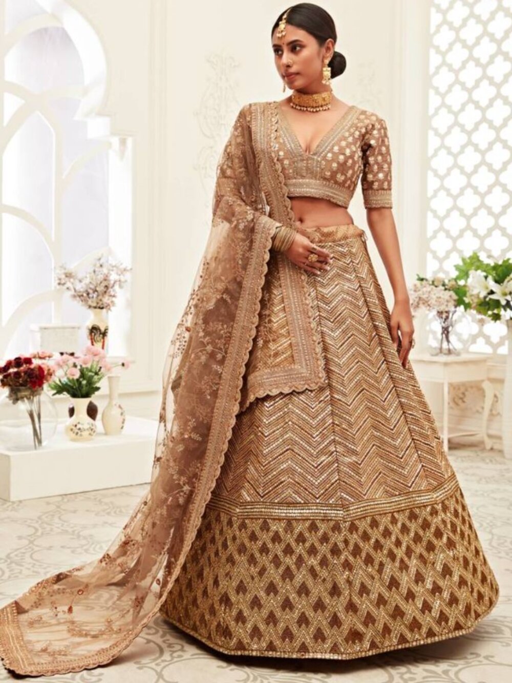 Brown Golden Sequins Work Art Silk Bridal Wedding Heavy Lehenga Set Choli With D